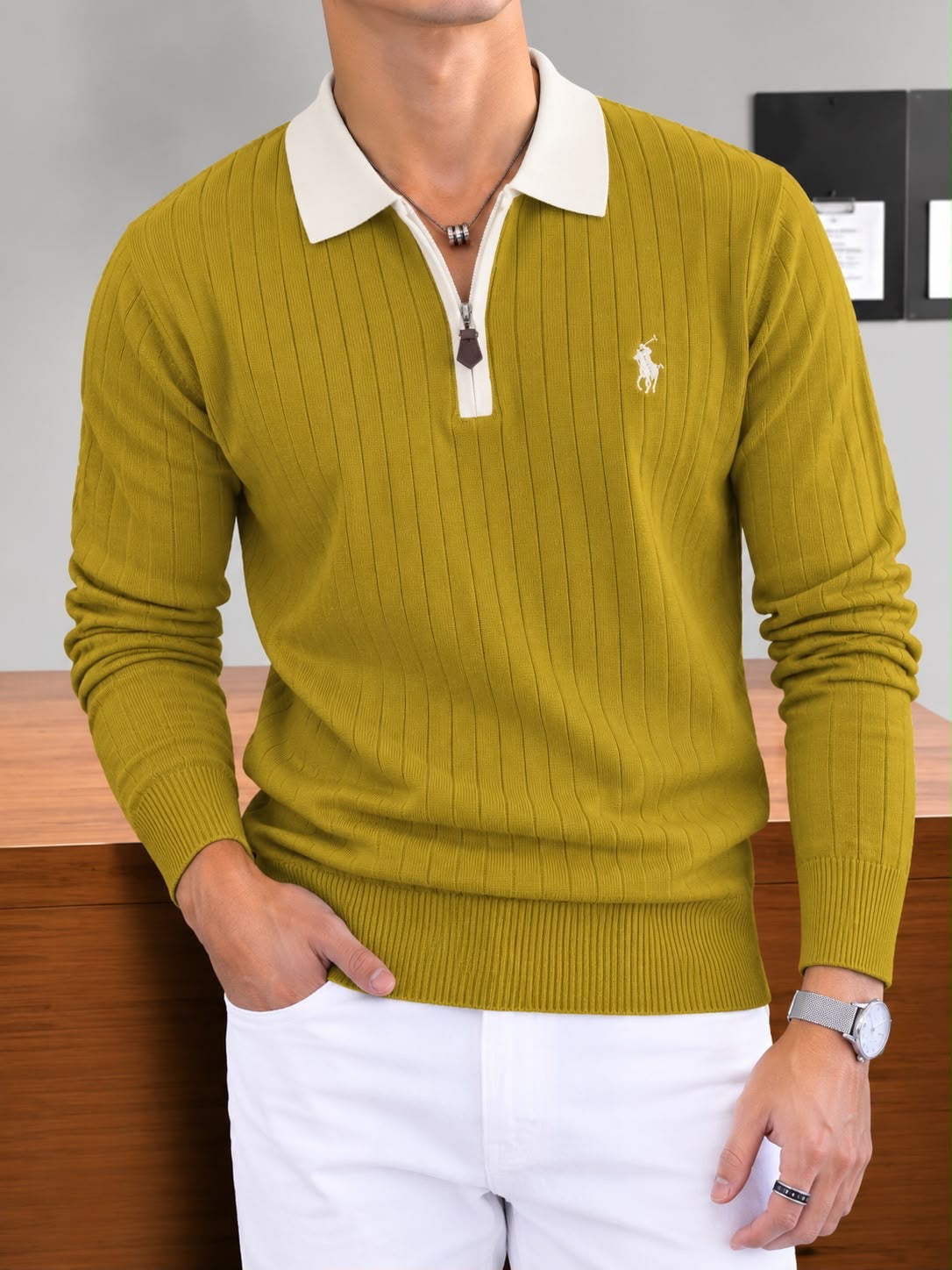 Slim Fit Two-Tone Half-Zip Ribbed Sweater Polo