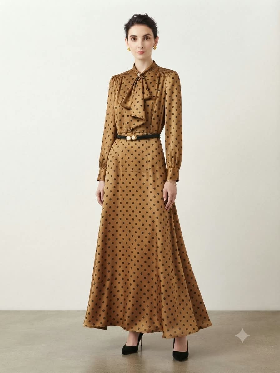 Women's Elegant Polka-Dot Satin Bow Maxi Dress