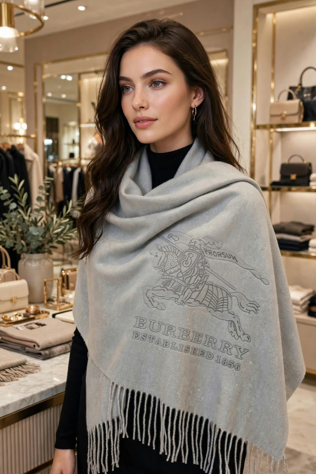 Women's Embroidered Equestrian Knight Cashmere Stole Wrap with Fringe Trim