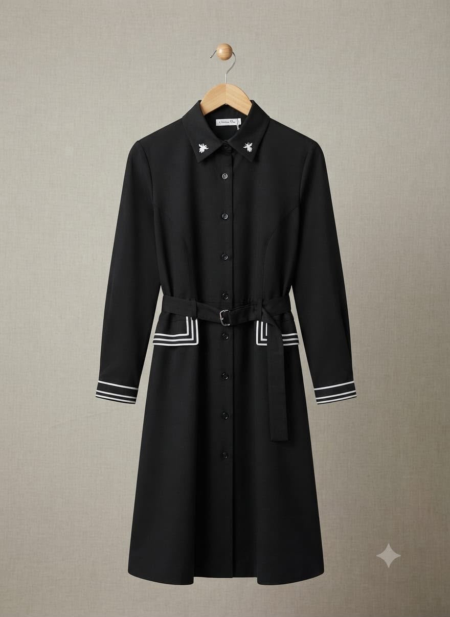 Embroidered Collar Belted A-Line Midi Shirt Dress