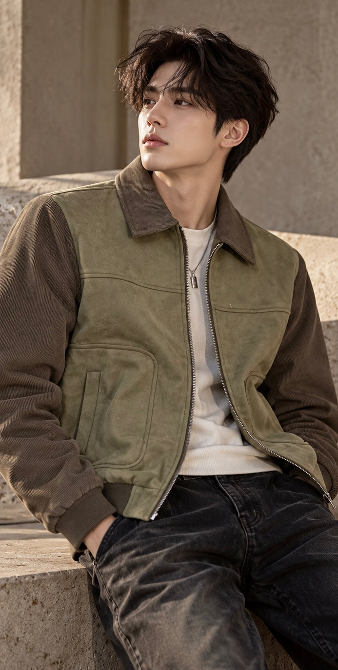 Men's Dual-Texture Suede & Corduroy Utility Bomber Jacket