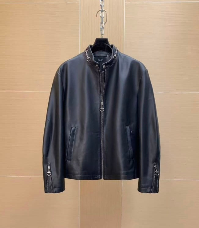 Premium Black Leather Biker Jacket – Luxury Hardware Edition