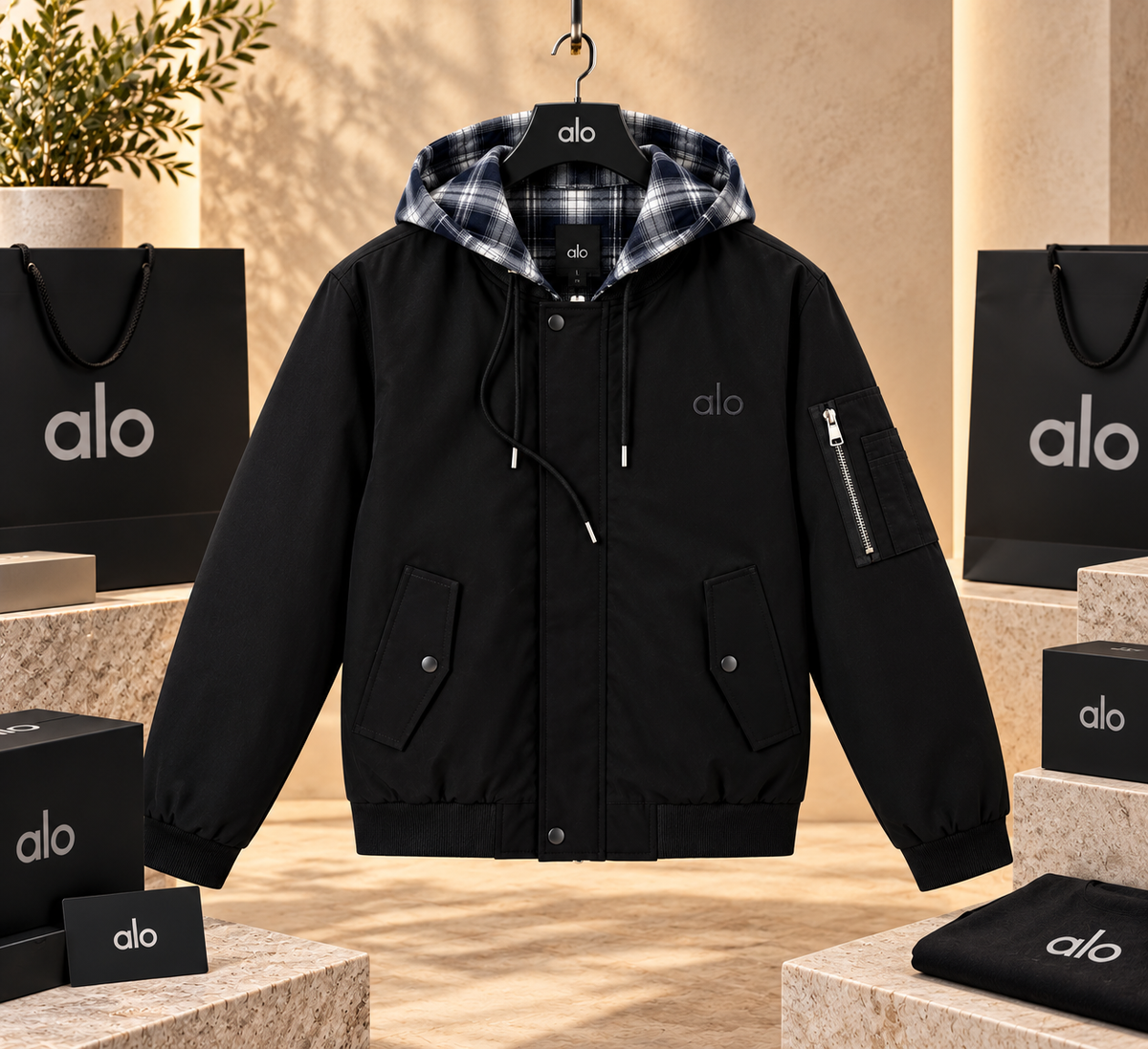 Unisex Plaid-Lined Hooded Utility Bomber Jacket