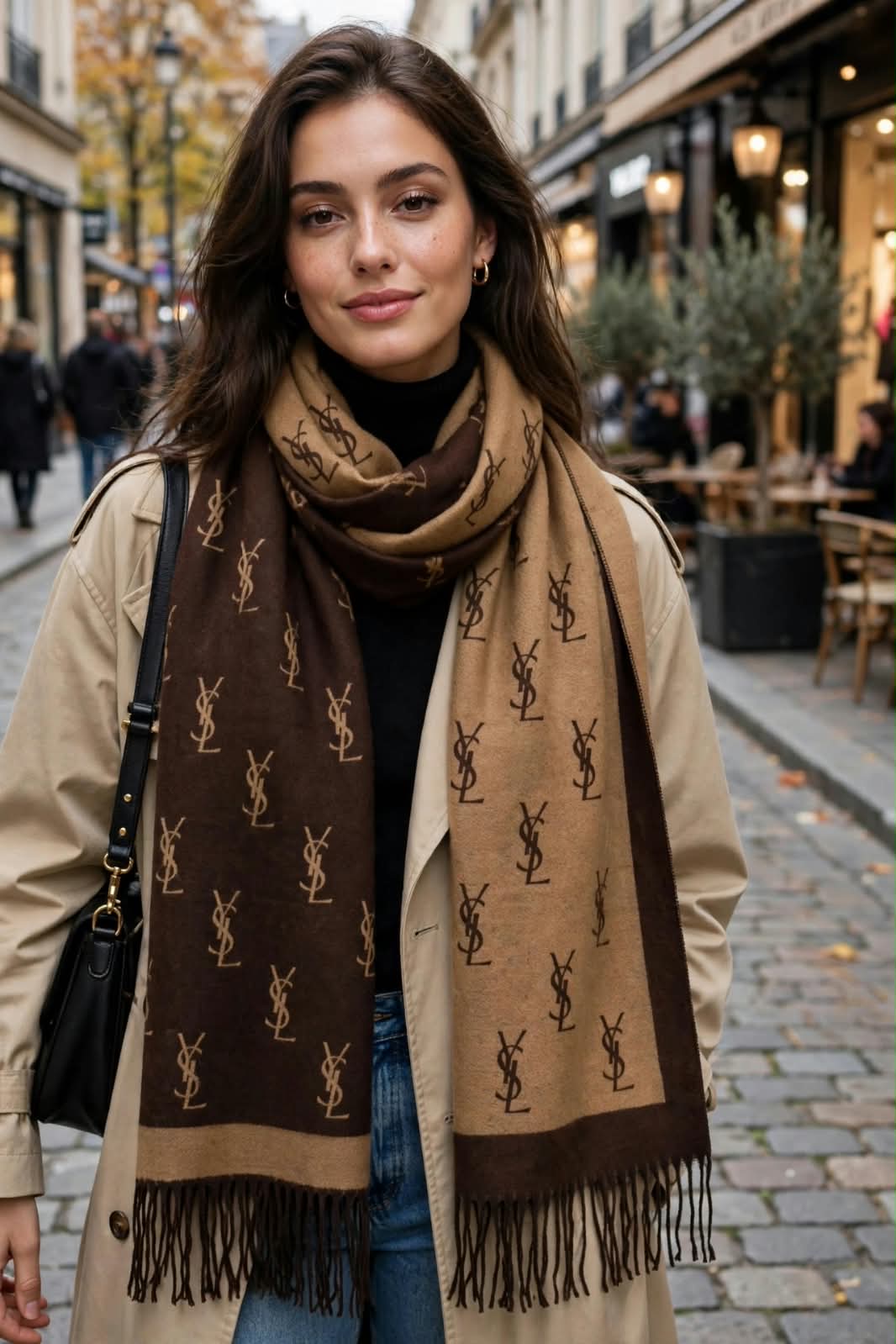 Luxury Monogram Jacquard Knit Fringed Scarf / Winter Wrap