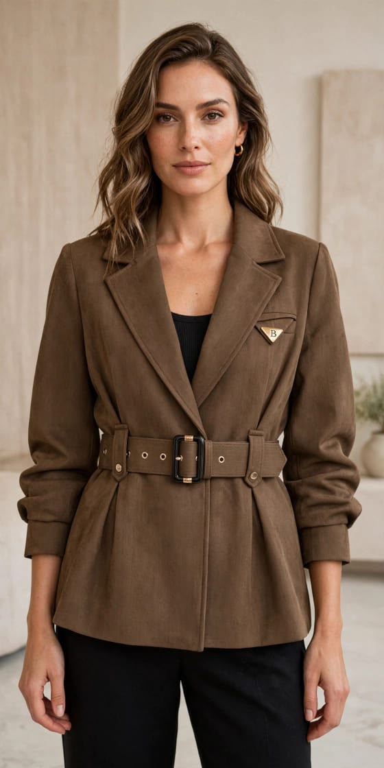 Elegant Belted Blazer Blank & Brown