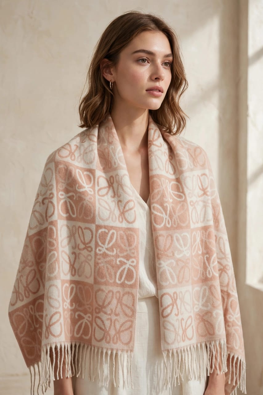 Women's Anagram Checked Cashmere Stole Wrap with Fringe Trim