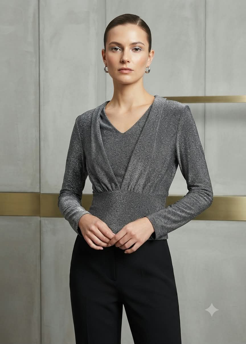 Women's Metallic Shimmer Draped V-Neck Long-Sleeve Top