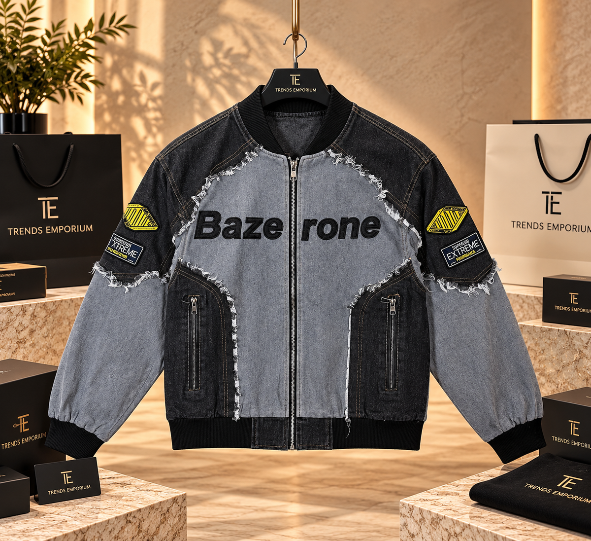 Men's Distressed Patchwork Graphic Denim Bomber Jacke