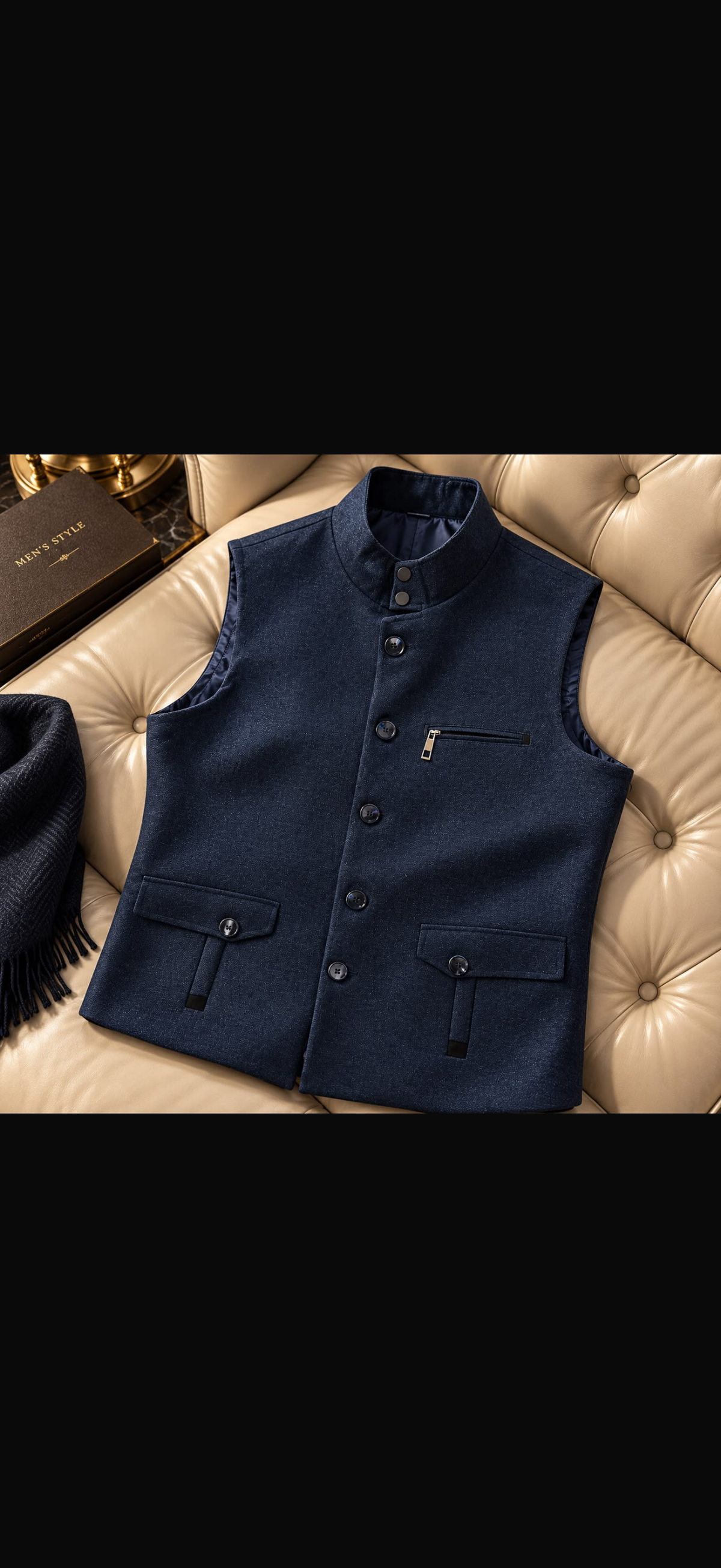 Men's Mandarin Collar Wool-Blend Formal Waistcoat with Multi-Pocket Detail