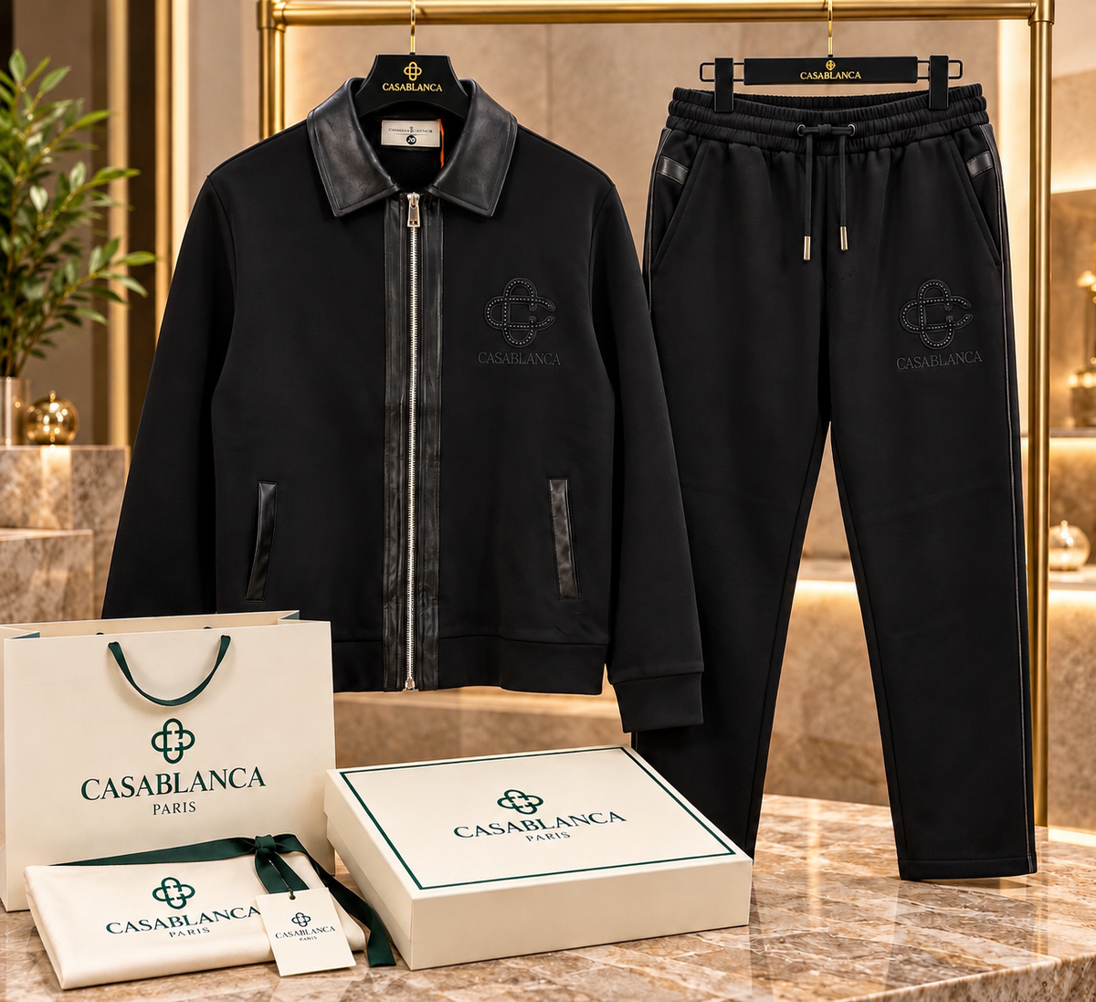 Men’s Luxury Leather-Trim Zip-Up Tracksuit Set – Full-Zip Jacket with Leather Collar & Matching Trousers