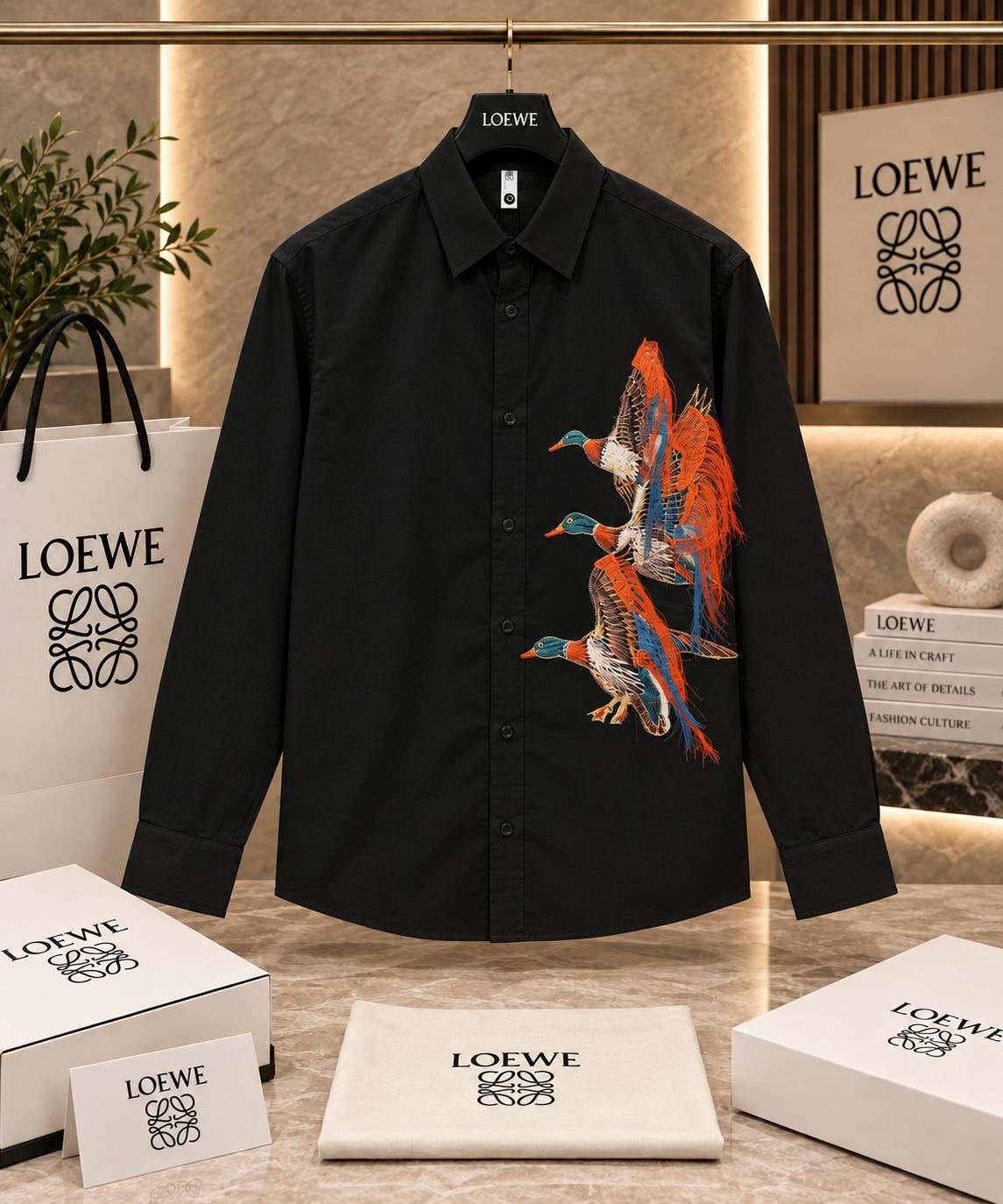 Men’s Flying Mallard Embroidered Button-Down Shirt with Fringed Thread Details