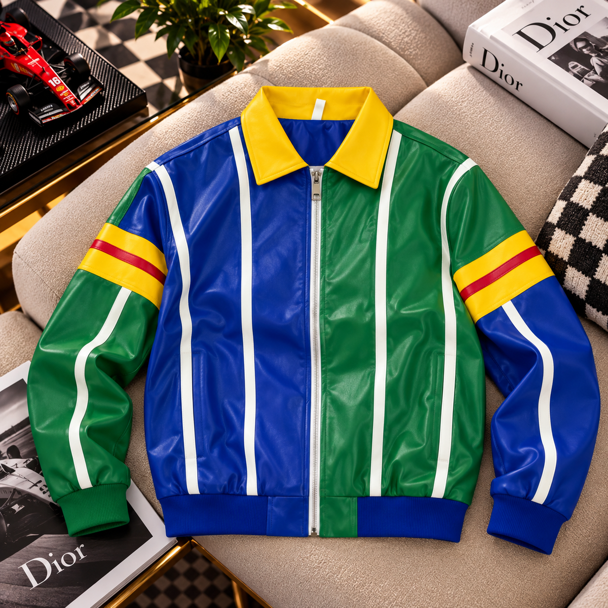 Streetwear Zip-Up Racing Jacket with Sleeve Patches & Back Graphic