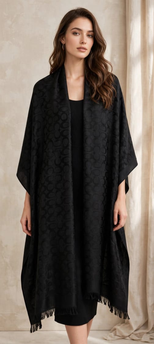 Women's Jacquard Monogram Fringed Cape Shawl Wrap