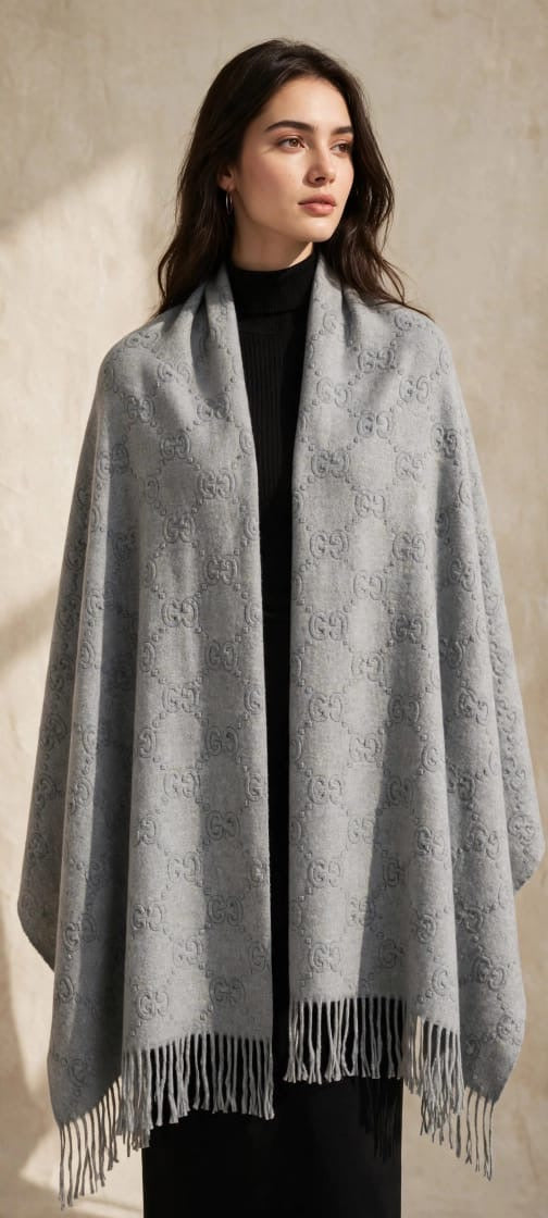 Women's Embossed Monogram Cashmere Wrap Stole with Tassel Fringe
