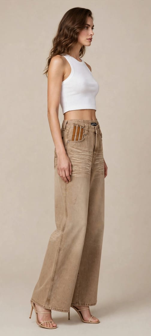 Vintage Washed Wide-Leg Statement Jeans