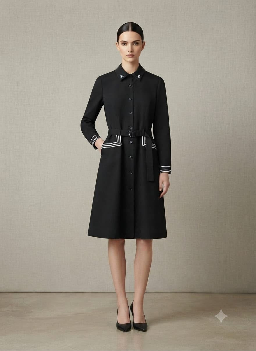 Embroidered Collar Belted A-Line Midi Shirt Dress
