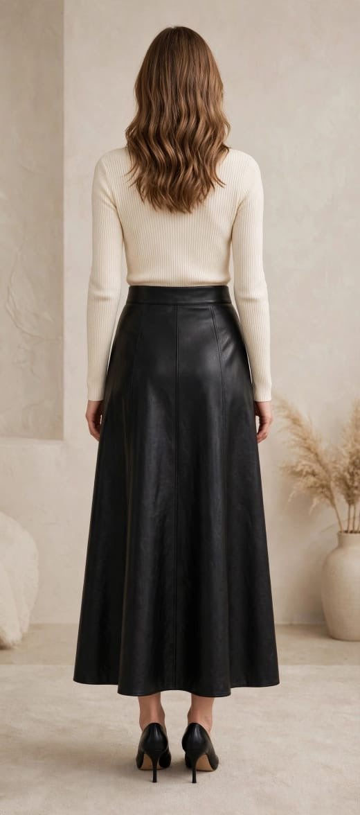 Women's Elegant High-Waisted Paneled Leather A-Line Midi Skirt