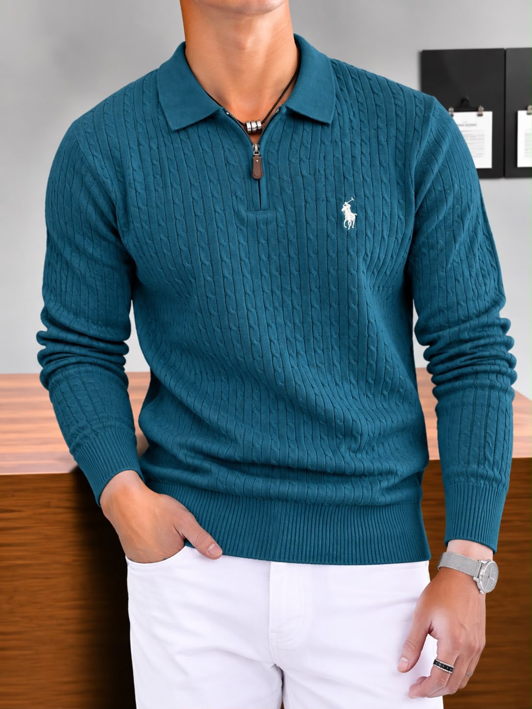 Men's Quarter-Zip Cable Knit Sweater with Spread Collar