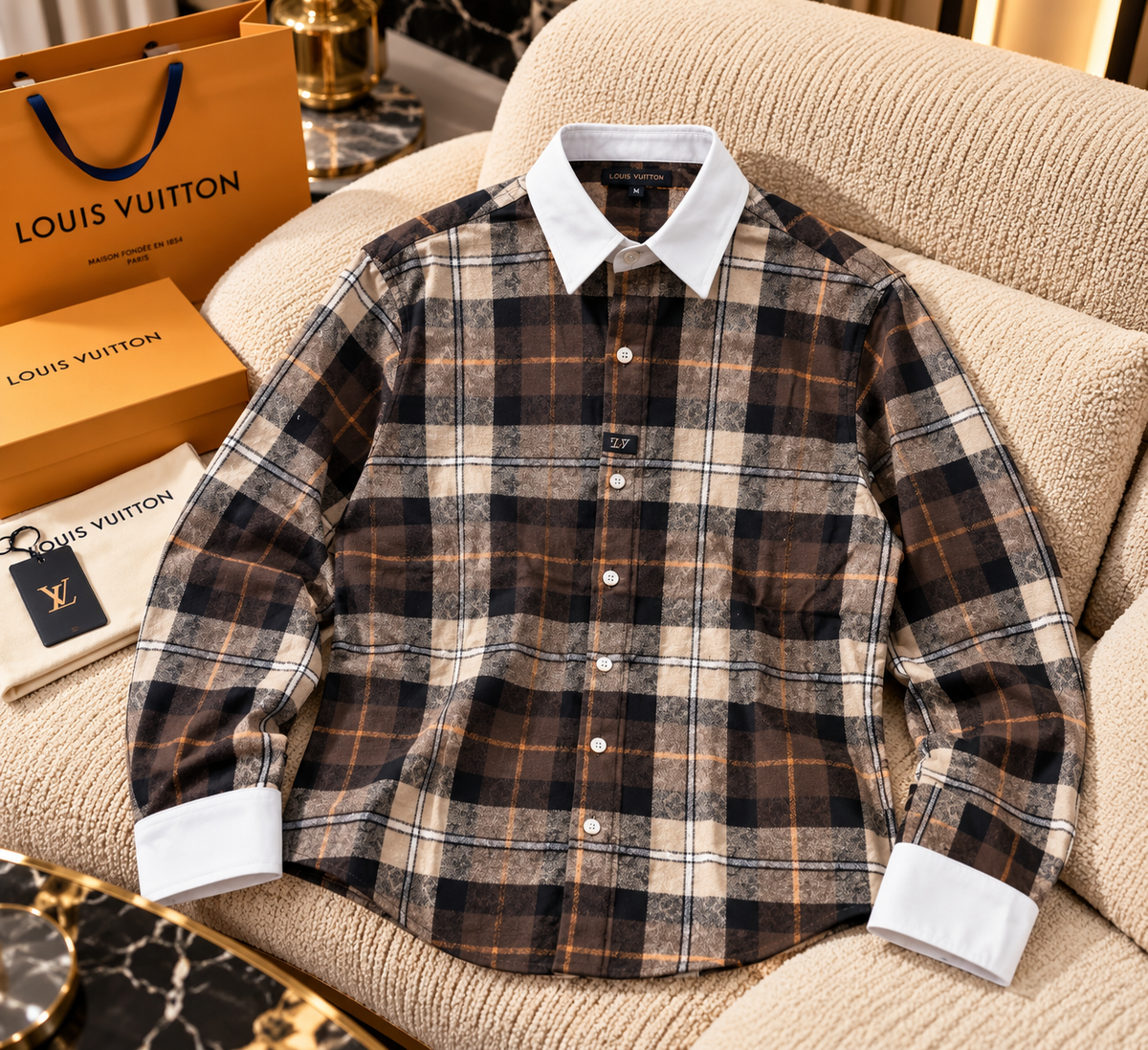 Plaid Contrast-Collar Long-Sleeve Button-Up Shirt