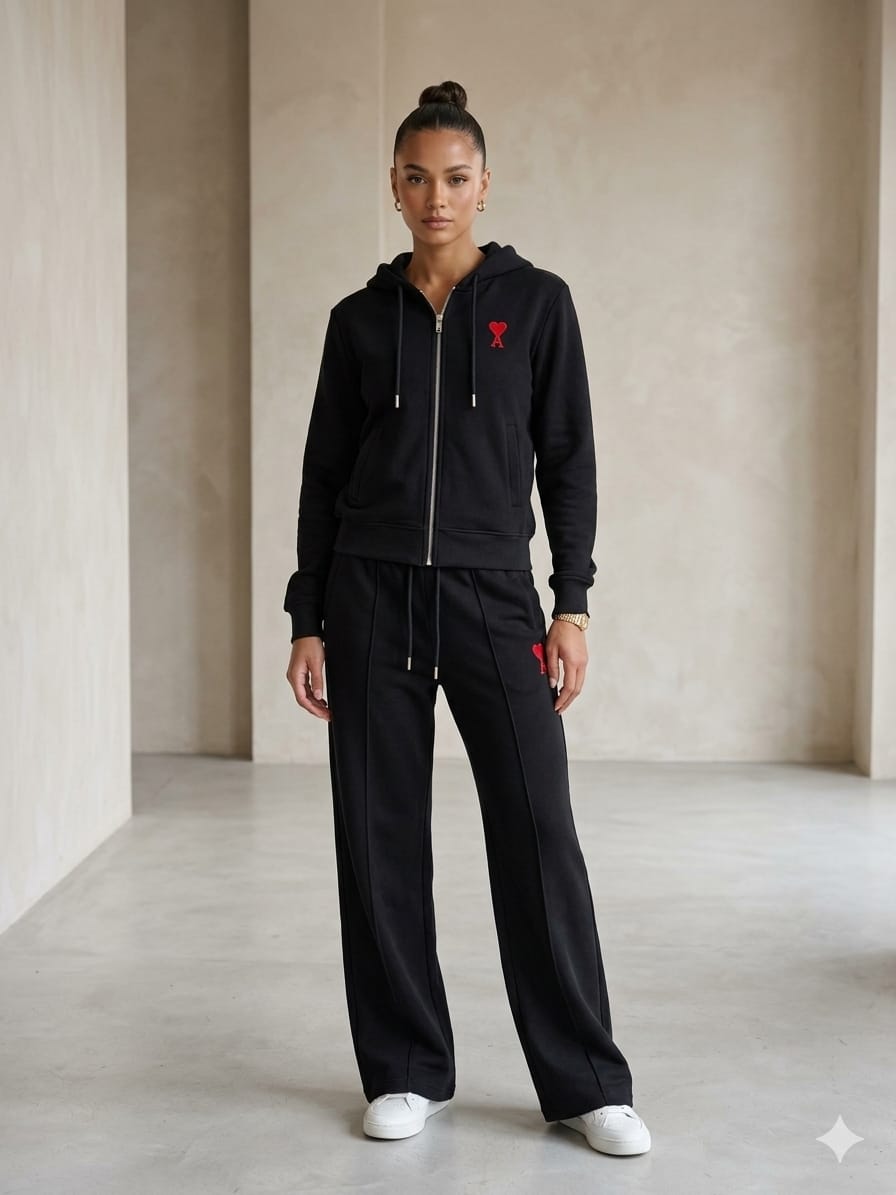Premium Embroidered Full-Zip Hoodie & Pintuck Sweatpants Tracksuit Set