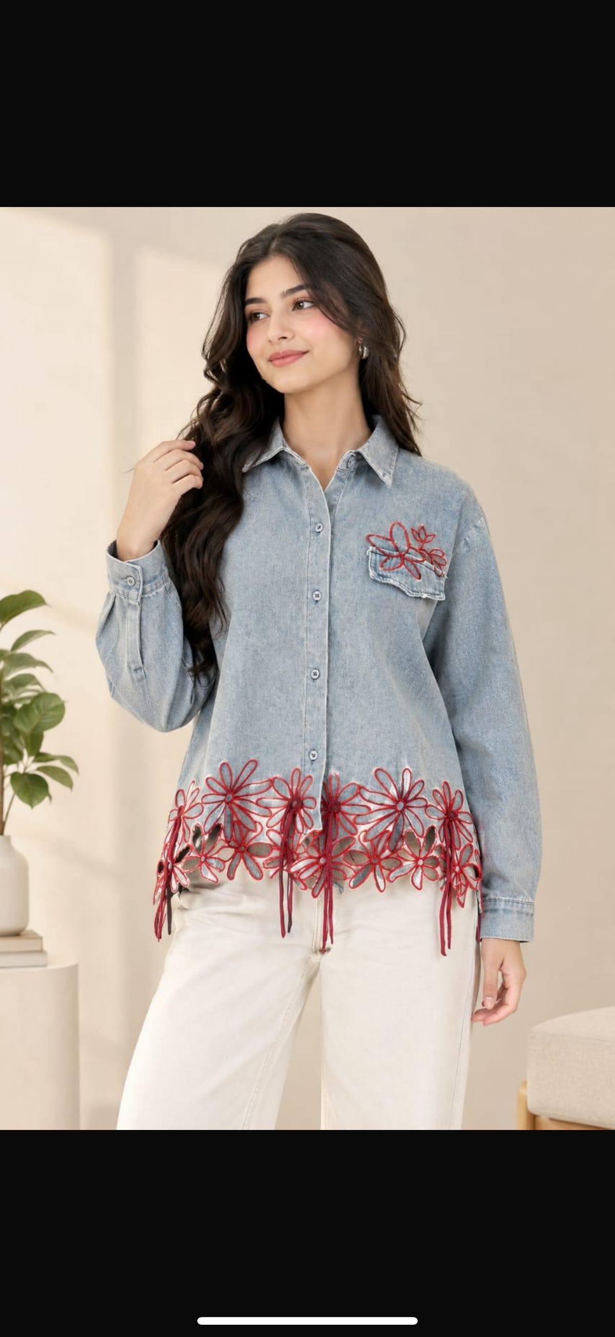 Floral Cutout Embroidered Denim Shirt