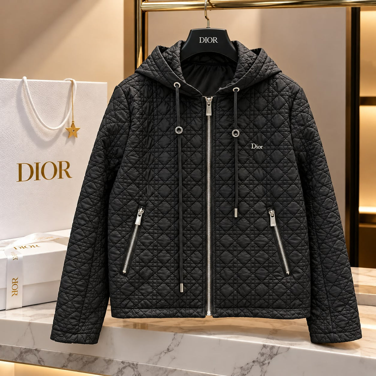 Classic Black Cannage Quilted Hooded Jacket