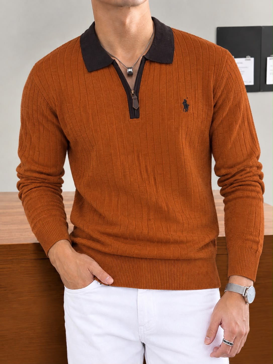 Slim Fit Two-Tone Half-Zip Ribbed Sweater Polo