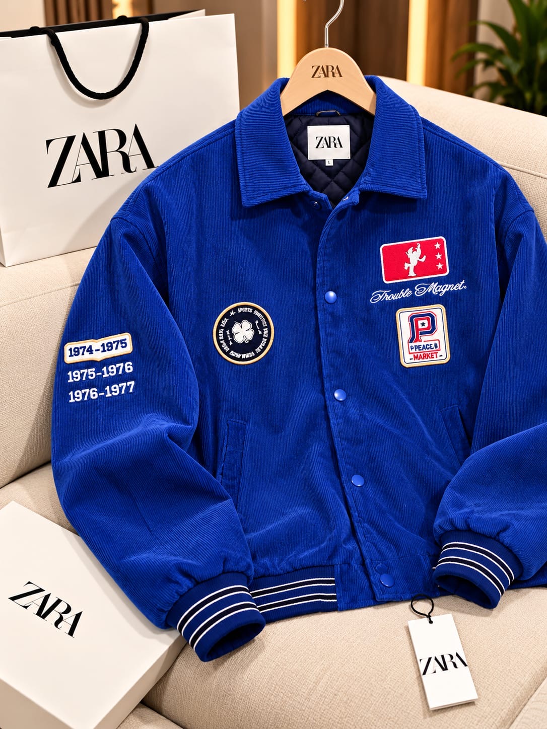 Men's Royal Blue Corduroy Patch Varsity Jacket