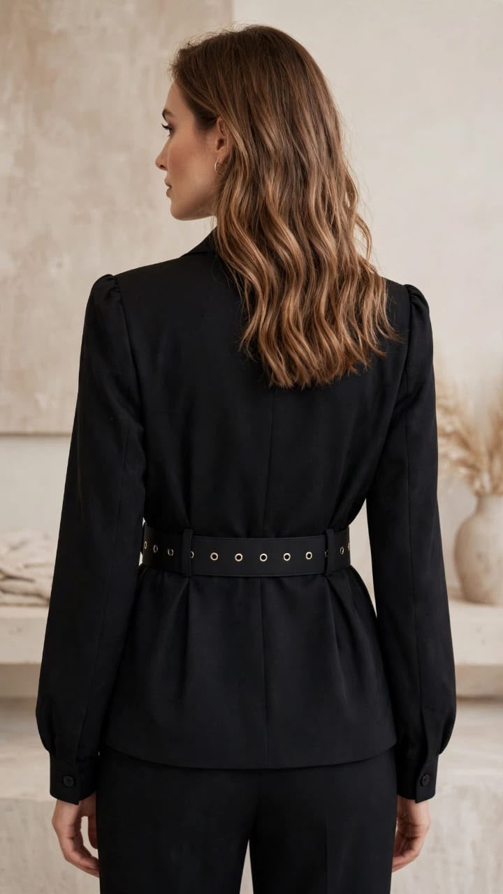 Elegant Belted Blazer Blank & Brown