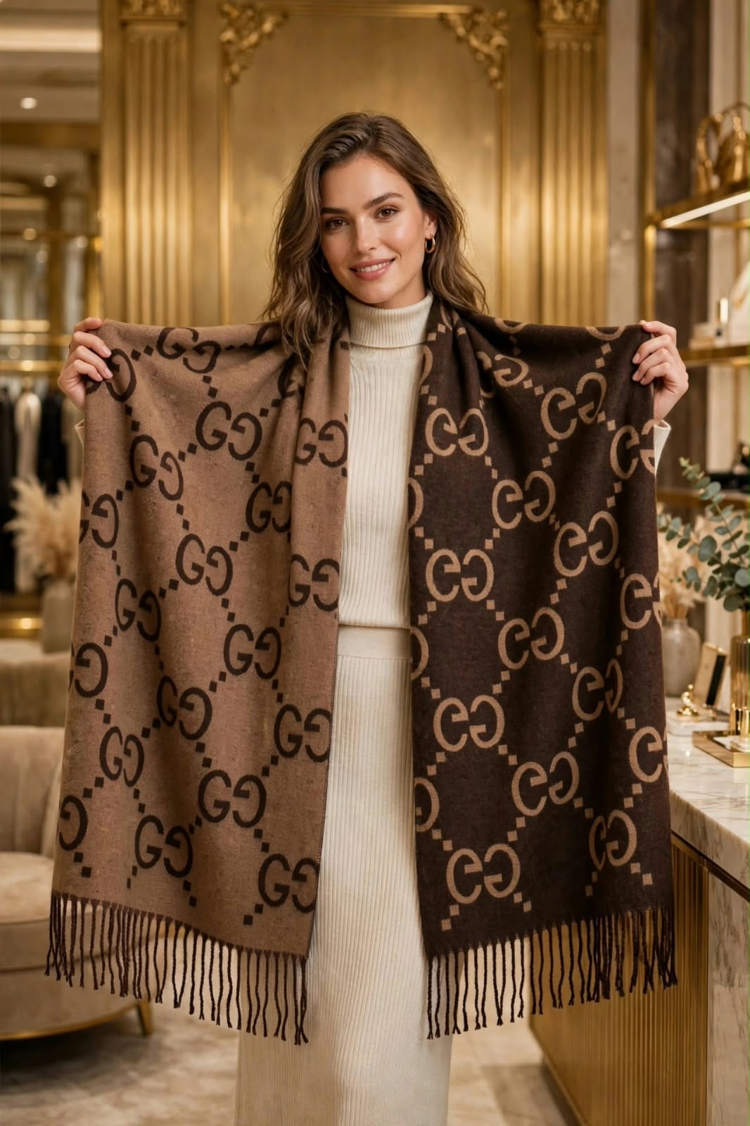 Women's Reversible Interlocking GG Jacquard Cashmere Stole Wrap with Fringe Trim