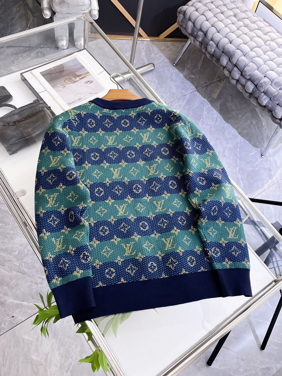 Men’s Striped Monogram Jacquard Knit Crewneck Sweater in Navy & Green
