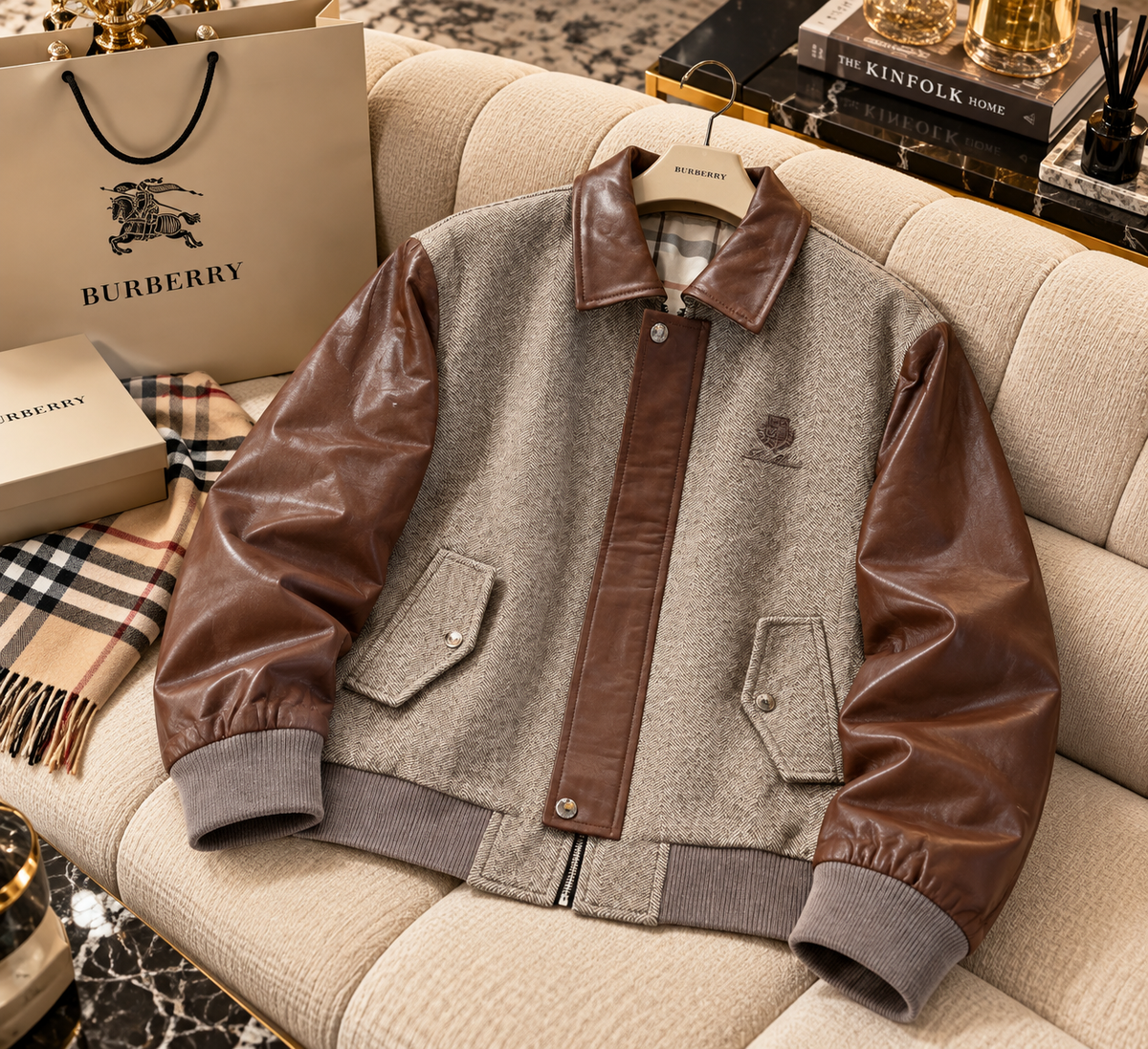 Herringbone Wool & Genuine Leather Bomber Jacket – Premium Contrast Sleeve Vintage Flight Jacket