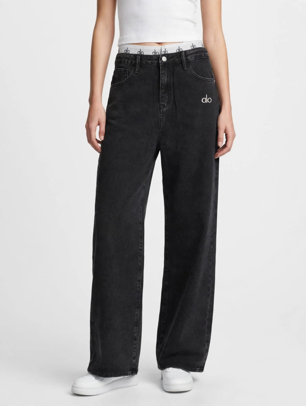 Women's High-Waisted Pleated Wide-Leg Pants with Elastic Logo Waistband