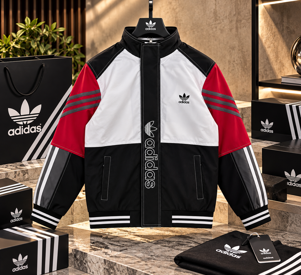 Colorblocked Retro Zip-Up Streetwear Track Jacket with Vertical Outline Branding