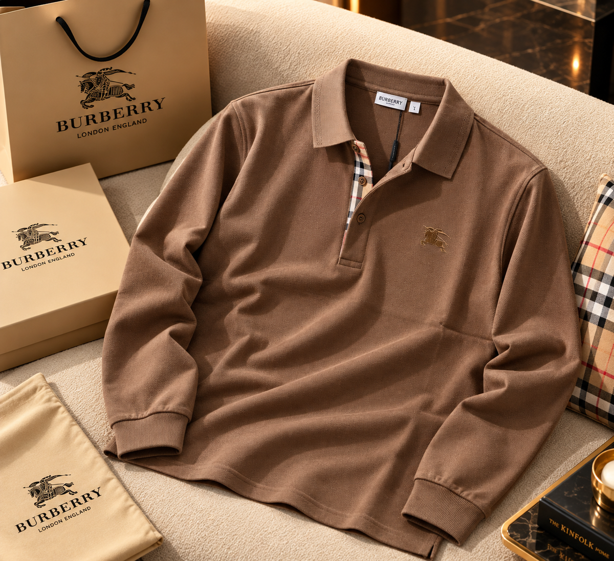 Sleeve Piqué Cotton Polo Shirt with Plaid Trim Detail – Premium Embroidered Smart Casual Top