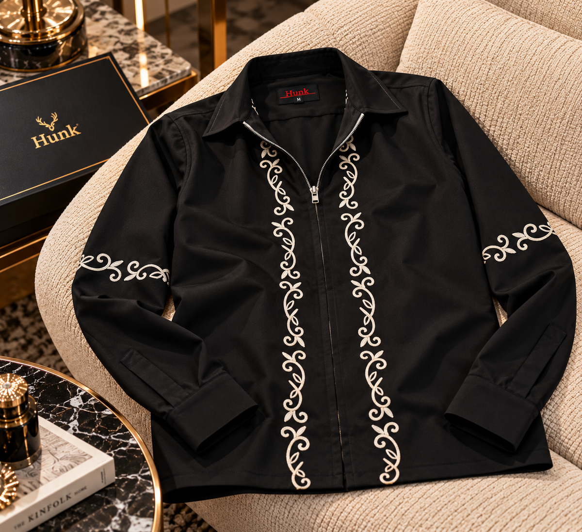 Scroll Embroidered Zip-Front Long Sleeve Shirt