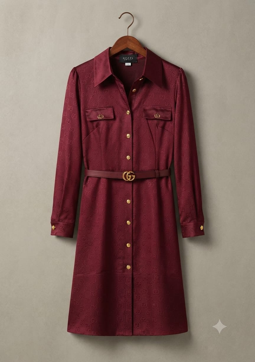 GG Monogram Belted Jacquard Long-Sleeve Midi Shirt Dress