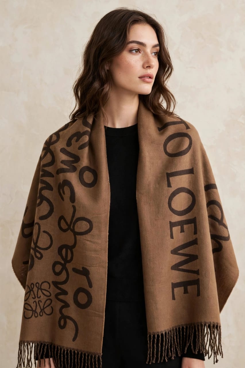 Women's Reversible Graphic Lettering Cashmere Stole Wrap with Fringe Trim