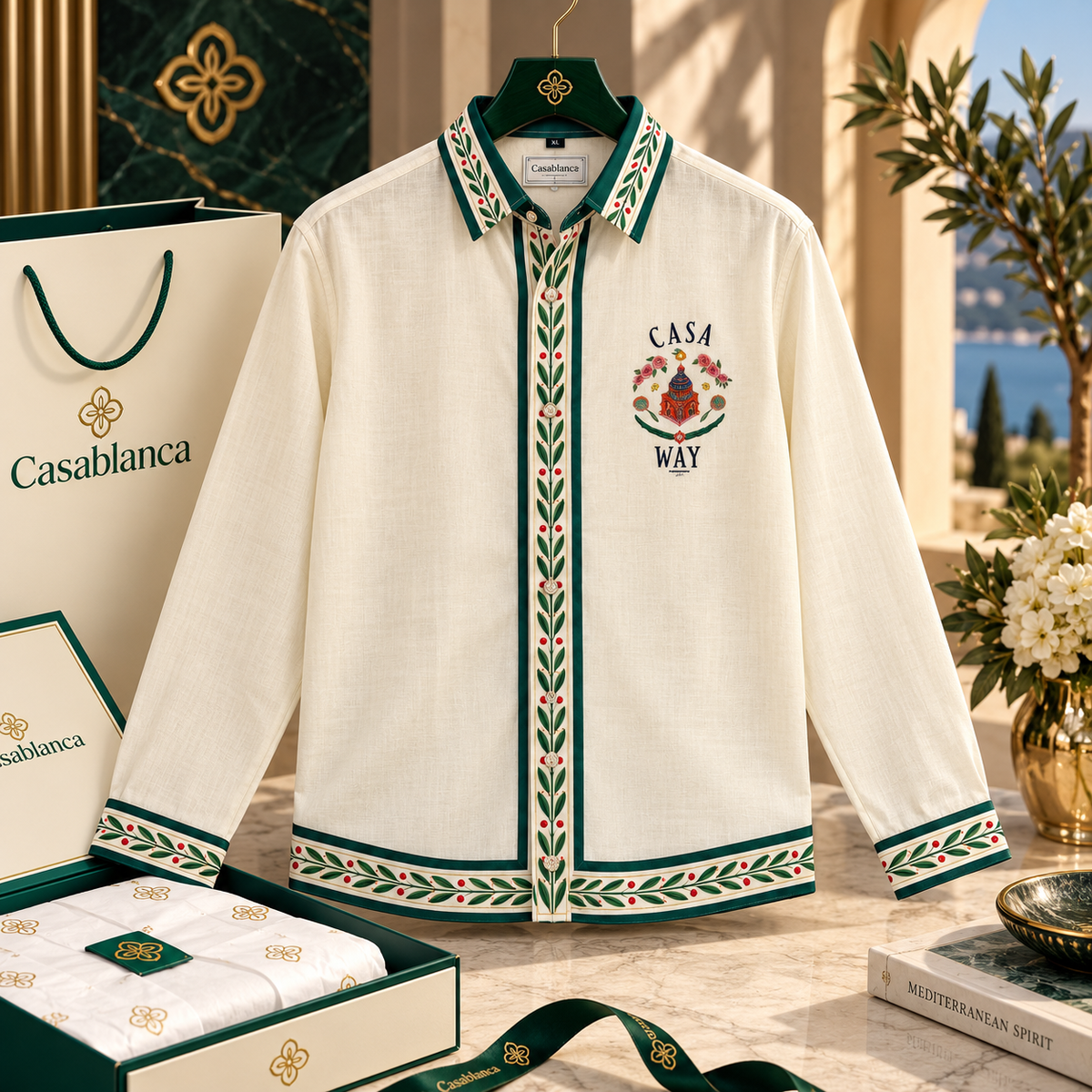 Botanical Border & Graphic Crest Long-Sleeve Shirt