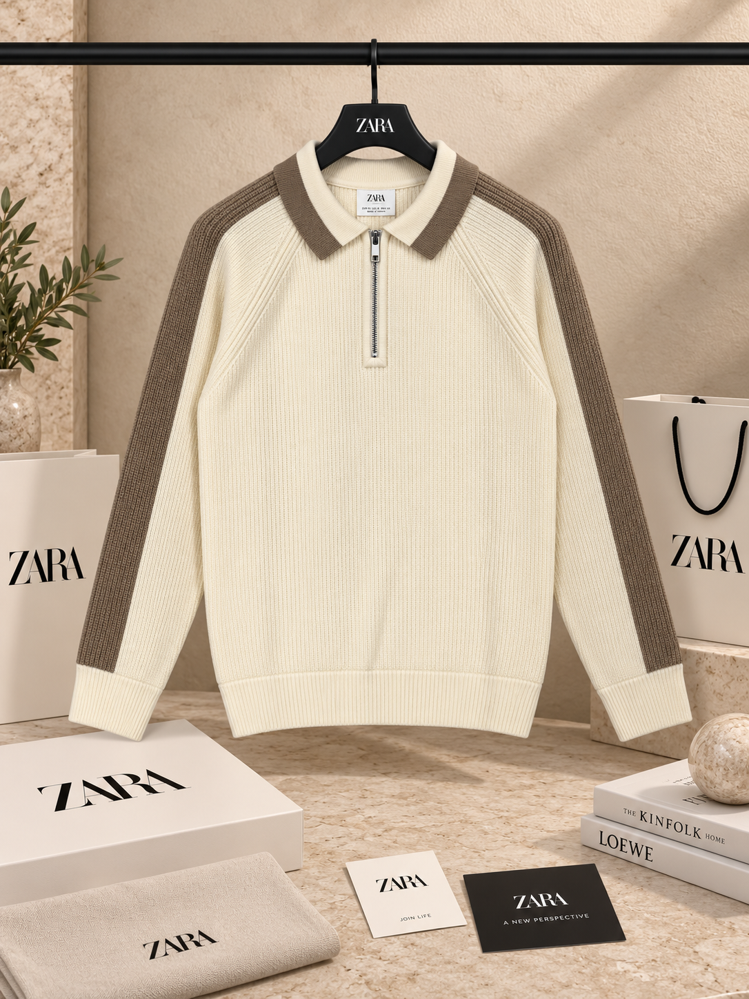 Premium Contrast-Stripe Half-Zip Knit Sweater