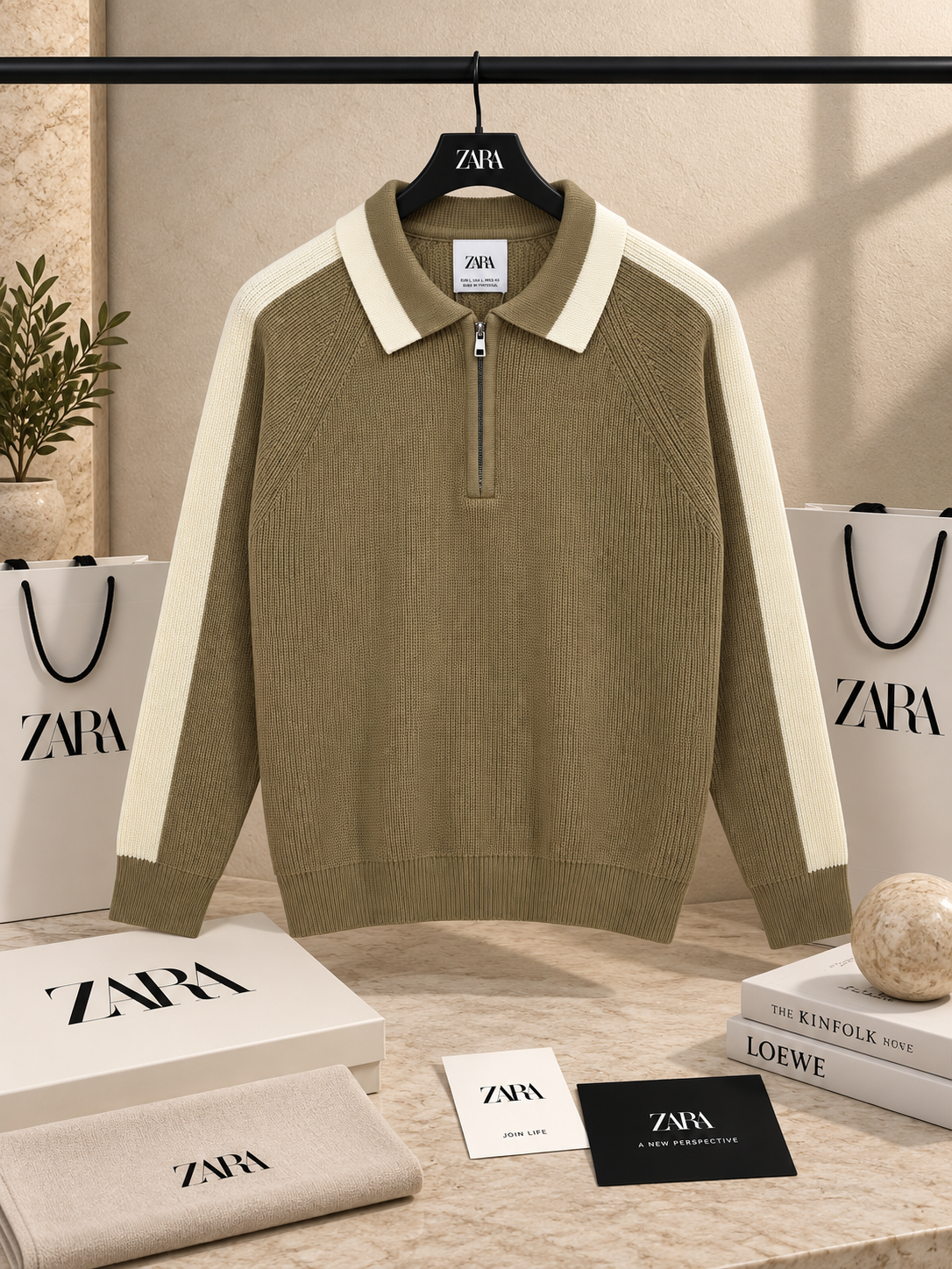 Premium Contrast-Stripe Half-Zip Knit Sweater