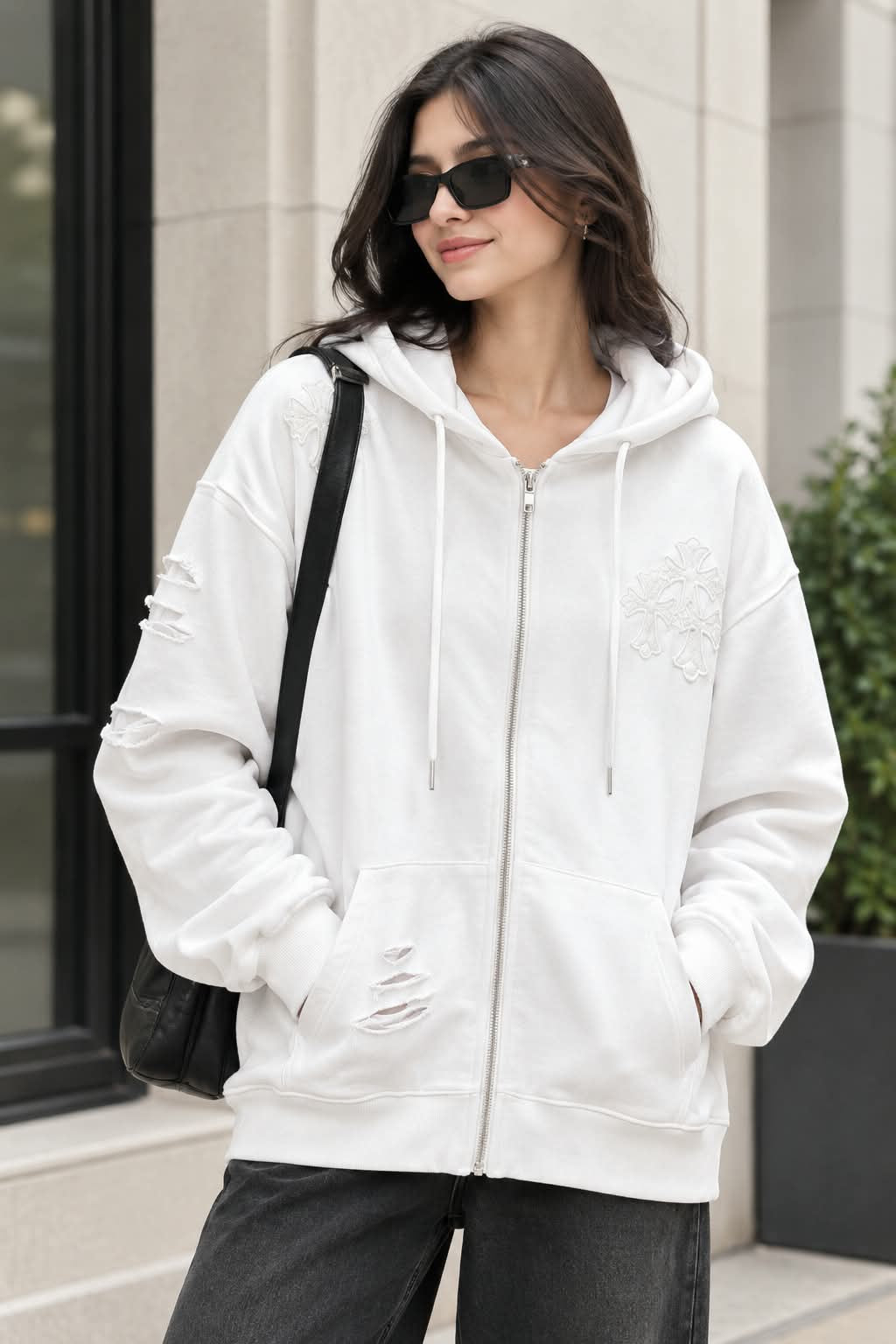 Distressed Cross-Patch Oversized Full-Zip Hoodie