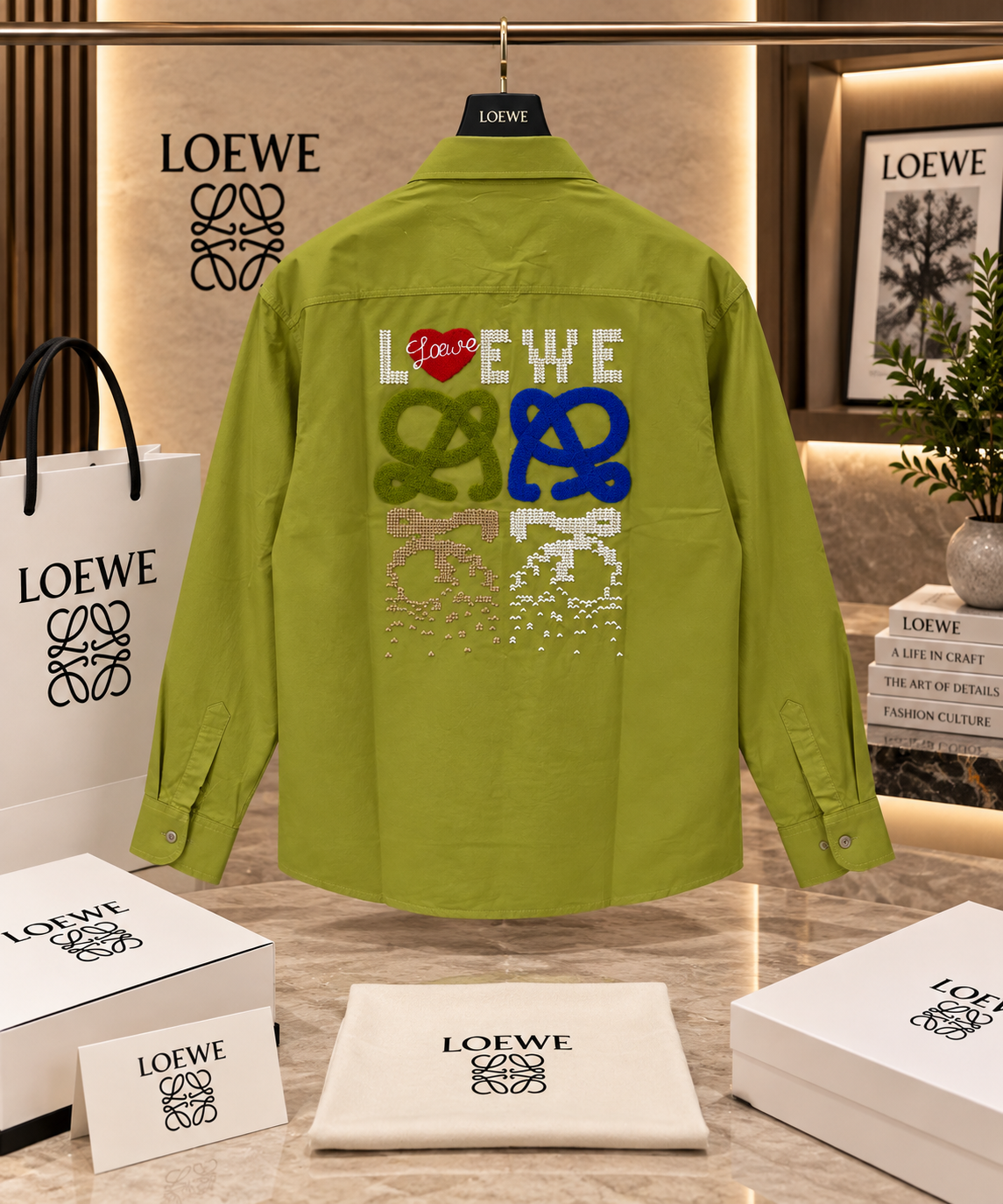 Men’s Heart Patch Long-Sleeve Cotton Shirt with Textured Embroidered Back