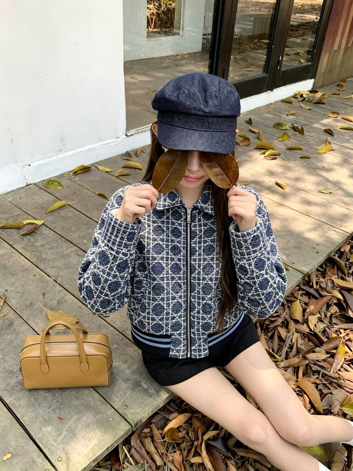Geometric Quilted Tweed Zip-Up Jacket with Ribbed Trim & Spread Collar