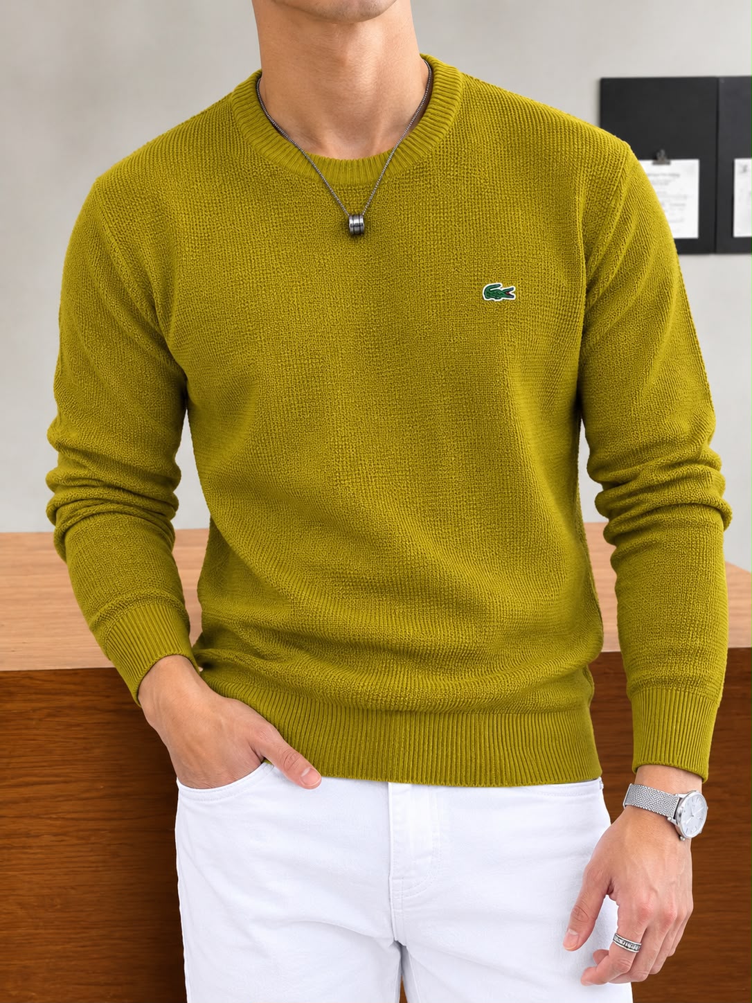 Textured Waffle-Knit Long-Sleeve Crewneck Sweater