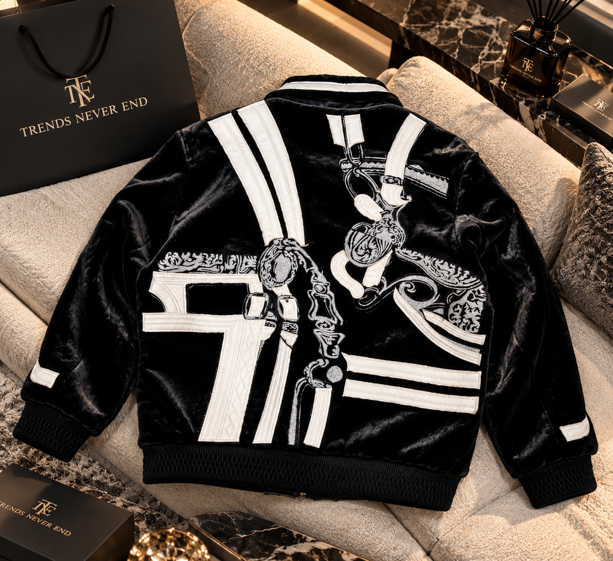 "The Harness Heritage" – Black and White Velvet Equestrian Bomber Jacket