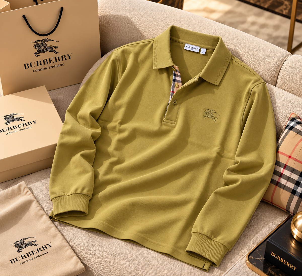 Sleeve Piqué Cotton Polo Shirt with Plaid Trim Detail – Premium Embroidered Smart Casual Top