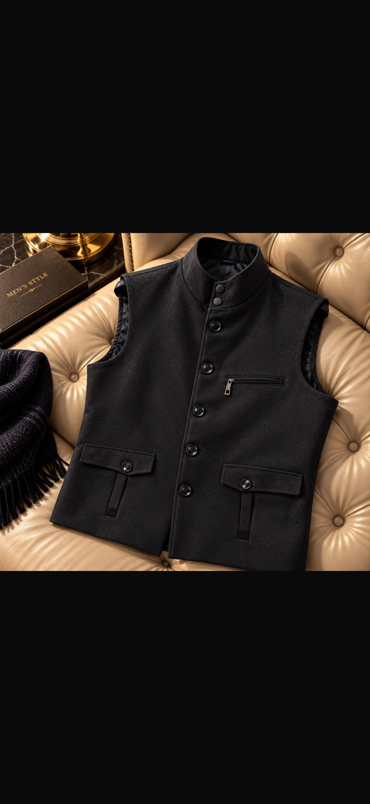 Men's Mandarin Collar Wool-Blend Formal Waistcoat with Multi-Pocket Detail