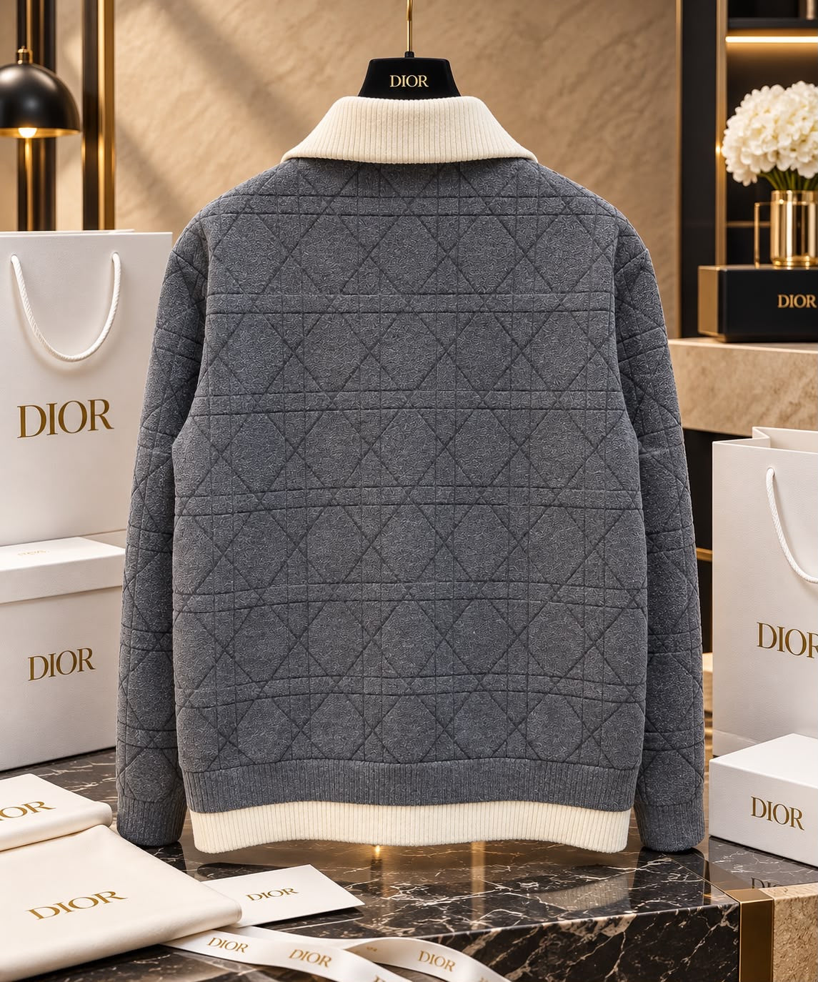 Cannage Quilted Two-Tone Zipped Jacket