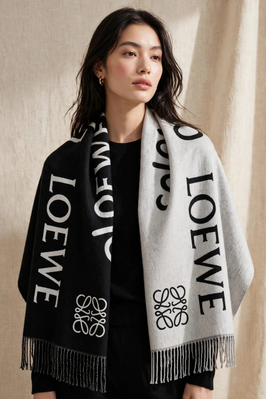Women's Reversible Graphic Lettering Cashmere Stole Wrap with Fringe Trim